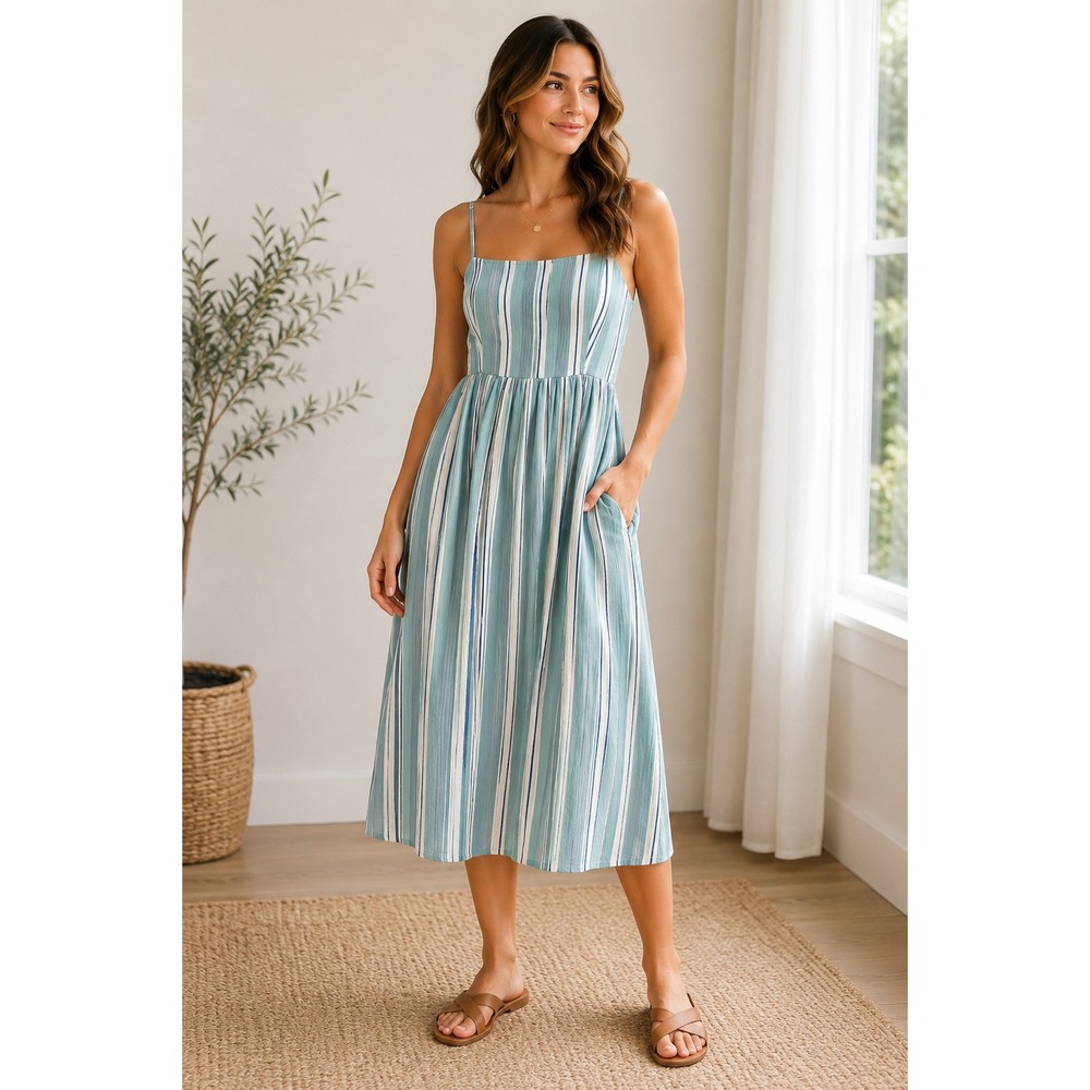 Hanna Andersson Womens Blue White Striped Gauze Midi Dress Smocked Back S SS23